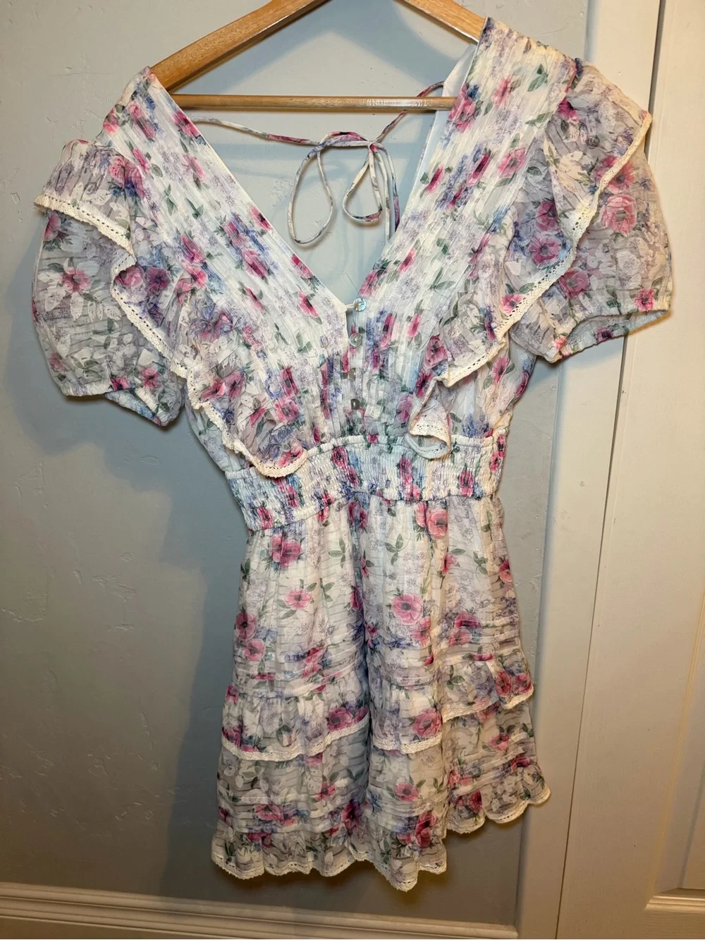 Floral Ruffled Smocked Waist Dress - Pink & Purple Floral - Picture 4 of 8